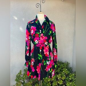 Vintage custom made groovy mini dress neon floral black Sz S/M